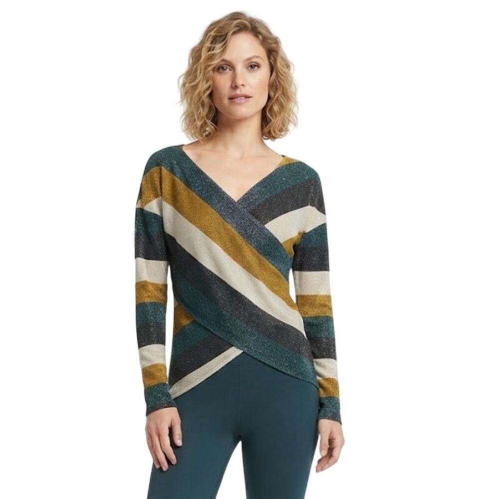 MTS Metallic Lurex Striped Criss Cross Faux Wrap Top Blouse Teal Gold Large